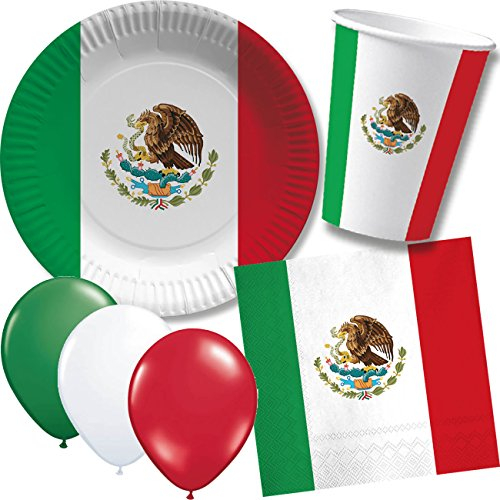 DH-Konzept/CARPETA 52-TLG. Party-Set * MEXIKO * mit Pappteller + Servietten + Pappbecher + Luftballons für Kindergeburtstag // Teller Becher Servietten Party Geschirr Deko Geburtstag Mottoparty