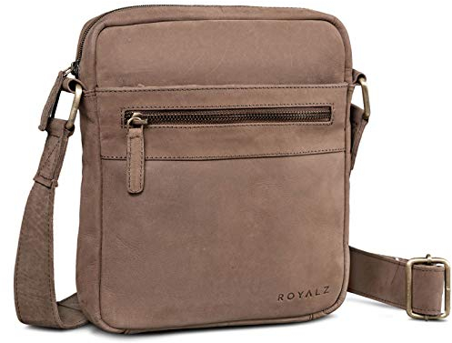 ROYALZ 'Trenton' Kompakte Herren Umhängetasche Leder Klein - Alltagstasche im stilvollen Vintage Design Seitentasche Männer-Tasche Schultertasche Ledertasche zum Umhängen, Farbe:Montana Braun