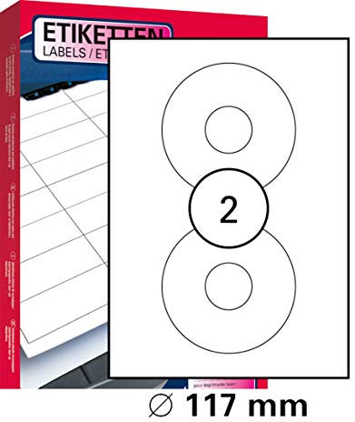 10 Blatt Drucker Universal CD-Etiketten, opaque Ø 117 mm Selbstklebend DIN A4 (20 St. Etiketten) Laser Copy Inkjet