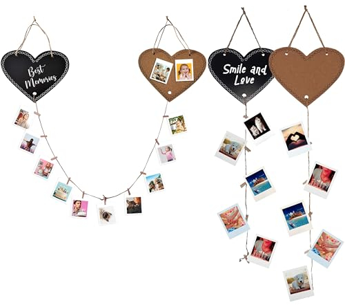 PERALMA Lovely Boards - Cadre Photo Mural Multiple, Tableau Décoratif en Bois et Liège en Forme de Coeur, Cadre photo avec ficelle, punaises et pinces