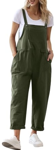 YESNO Women Long Casual Loose Bib Pants Overalls Baggy Rompers Jumpsuits with Pockets L PV9 Ash Green