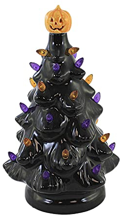 Roman - Sapin vintage lumineux noir, 24,8 cm de hauteur, Halloween, céramique, fonctionne avec piles, décoration d'intérieur, magnifiquement détaillée, longue durée