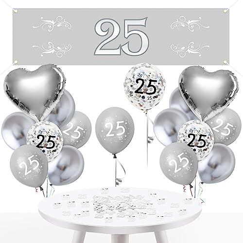 Bluelves Silberhochzeit Deko,25 Jahre Silberhochzeit Luftballons,Silber Luftballons Deko Set,Silver Anniversary Lang Hintergrund Banner für 25. Jubiläum Silber Hochzeit Deko