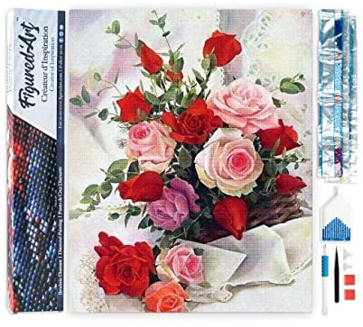 Figured'Art Diamond Painting Kit completo - Cuadro 40x50cm de Pintura de Diamante - Lienzo entero enrollado con diamantes de imitación cuadrados - Rosas flores hermosas - 5D DIY Manualidades Adultos
