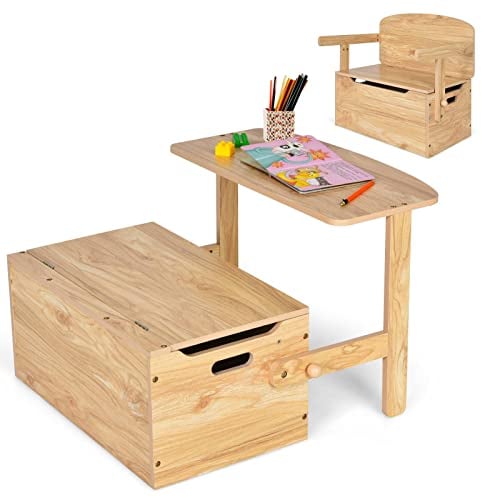 GYMAX 3 in 1 Kids Storage Bench, Convertible Toy Storage Box with Safety Hinge, Wooden Children Table and Chair Set for Playroom Bedroom (Natural)