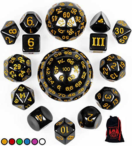 World of Dice - All-in-One Set - 15 Verschiedene polyedrische Würfel, von D100 bis D3, ideal für D&D, DSA, MTG, UVM. (gelb)