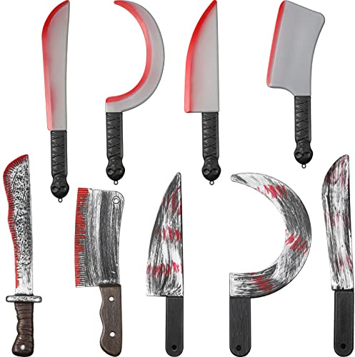 Vinsot 9 Pcs Halloween Knife Set Plastic Butcher Knife Machete Slasher Knife Costume Prop Realistic Fake Bleeding Knife Toy for Halloween Party Cosplay Haunted House Decorations Supplies