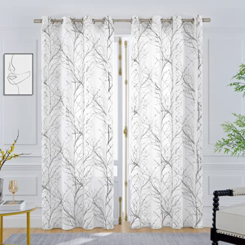 FMFUNCTEX Weiß Silber Voile Vorhänge Transparente Gardinen mit Ösen für Wohnzimmer Metallic Zweigen Muster Vorhänge Lichtdurchlässig Ösenschal für Schlafzimmer 2er Set, 175 x 134 cm (H x B)