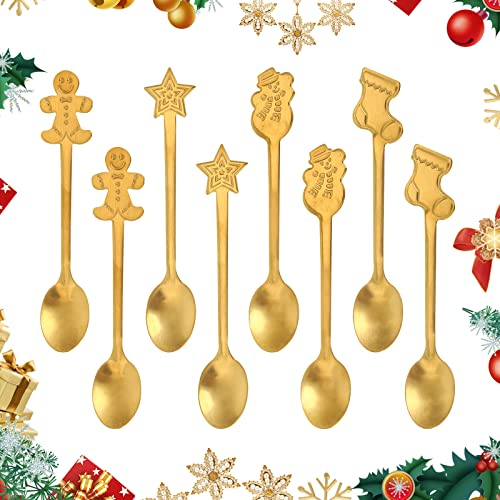 8 pezzi Cucchiai da dessert in acciaio inossidabile, Cucchiaini da caffè natalizi Cucchiaino Cucchiaino Gelato Zucchero Cucchiaio in stile natalizio per stoviglie da cucina (Oro)