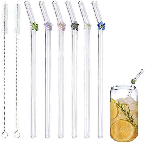 Strohhalme aus Glas Wiederverwendbare Strohhalme aus gebogenem Glas Bruchfestes, gebogenes Strohhalm-Design mit bunten Blumen Perfekt für Smoothies, Tee, Saft, Kaffee, Milchshakes
