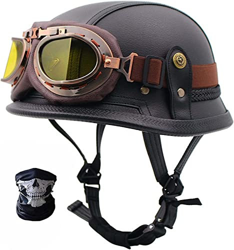 RUANLOV Casque de Moto Vintage Cuir - Casque Moto Jet Vintage Homme Femme Adulte Casque Mobylette Bols - Retro Casque Bols avec Visière pour Scooter Vespa (D XXL=63~64CM)