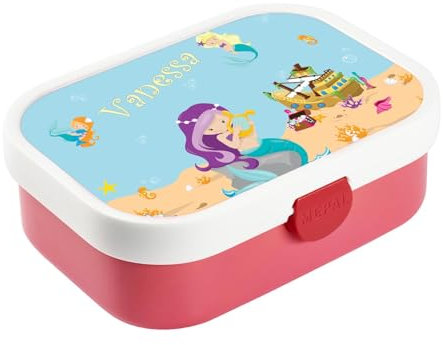 CreaDesign, Brotdose Kinder mit Fächern personalisiert Lunchbox Rosa mit Bento Einsatz, Brotbox mit Unterteilung Meerjungfrau