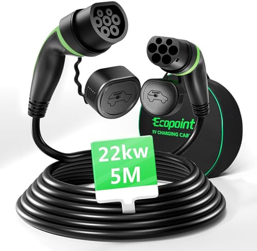 ECOPOINT Câble Recharge Voiture Électrique Type 2 22kW 5M Triphasé, Câble T2 32A EV PHEV, Câble Mode 3 Type 2 avec Sac de Rangement, Compatible avec Model 3 S X Y, ID.3, Zoe, Kona, e-Tron