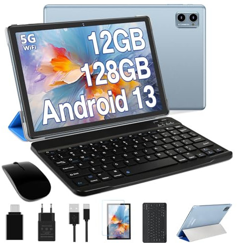 Oangcc 2025 Newest Tablet 10 Pollici Android 13,12GB RAM+128GB ROM (TF 1TB),FHD Tablets con 5G WiFi, Octa Core Processore,Widget, 6000mAh, 5+8MP, BT 5.0, GPS, 2 in 1 Tablet con Mouse e Tastiera - Blu