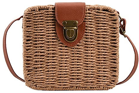 Orgonite Bolso de mano de paja tejido de mimbre de ratán con asa de bambú de imitación para mujer, para verano, playa, marrón claro (B-Light Brown)