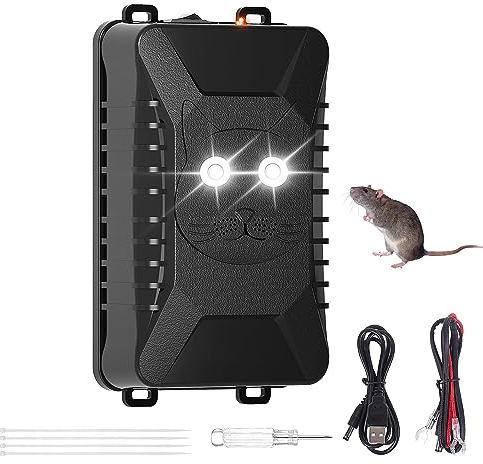 12V Ultrasónico Repelente de Martas para Automóviles, con Luz Intermitente, Ahuyentador de Topos para Automóviles, Ultrasónico Ahuyentador de Ratas, Ahuyentador de Gatos Exterior, para Cochera, Casa