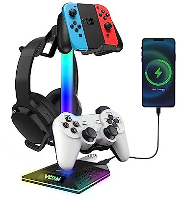 V VCOM Soporte para auriculares RGB para juegos con 2 puertos USB, soporte para auriculares con 10 modos de luz y goma antideslizante, adecuado para todos los accesorios de auriculares, el mejor