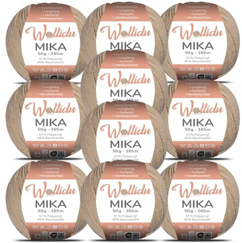 Wollidu Mika 51% Polyacryl 49% Baumwolle zum Häkeln und Stricken 10x 50g/165m Oeko-Tex Strickgarn Häkelgarn - Kamelfarben