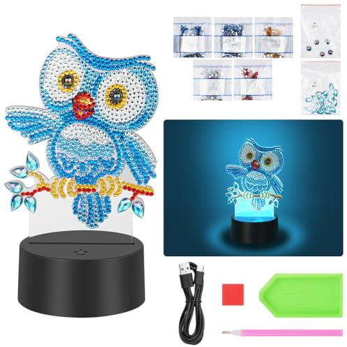 AUAUY Geschenke für Mädchen 5 6 7 8 9 10 Jahre, Eule Diamond Painting Kreative Nachtlicht Basteln am Kindergeburtstag, 5D Diamantmalerei DIY Nachtlicht Mosaik Basteln Kinder Weihnachtsgeschenke