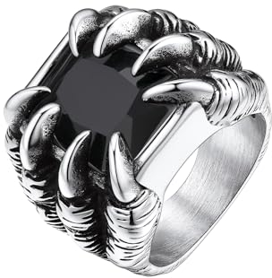 Bestyle Edelstahl Herren Ring mit Stein Schwarz Gothic Biker Bandring Dragon Claw Retro Ring Synthetischer Achat Männlicher Ring Schmuck Siegelring, Silber, Ringgröße 72