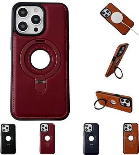 AUWIRUG Luxurious Leather Invisible Stand for iPhone Case, Luxurious Faux Magnetic Leaky Label Phone Case, Leather Magnet Stand Phone Case for iPhone 15/14/13/12 Pro Max Plus (14,Wine Red)