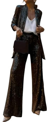 shownicer Damen Pailletten Anzug Zweiteiliger Blazer und Hose Business Hosenanzug Slim Fit Streetwear Damenanzug 2 Stück Set Festlich Pailletten Sets A Schwarz L