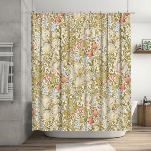 Ansouyi William Morris Duschvorhang Set mit 12 Haken, aus wasserdichtem Polyestergewebe, Jugendstil-Blumenmuster, für Badezimmer, Badewannen-Dekor, Waschbares, Strapazierfähiges Gewebe, 183 x 183 cm
