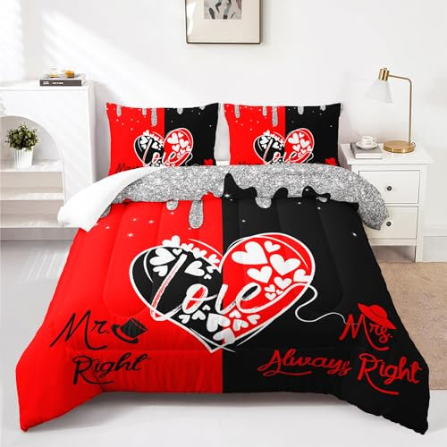 AILONEN Queen-Size-Bettwäsche-Set, Schwarz und Rot, Bettdecken-Set mit Herz-Aufdruck, 3-teiliges Mr Right Mrs Always Right Bettwäsche-Set für Raumdekoration