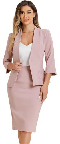 Allegra K Donna Set Gonna da Lavoro per Gonna A Tubino Blazer Senza Colletto in 2 Pezzi da Ufficio Rosa S