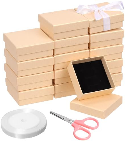 Mardatt 17 Stück Karton Schmuck Boxen Set, quadratische Schmuck Geschenk Boxen Samt Schwamm Liner Schmuck Fall mit Schere und Polyesterband für Halskette Ohrring Armband - 3 x 3 Zoll, Champagner