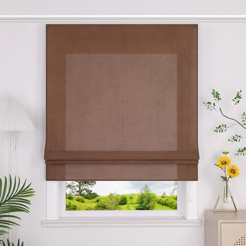 Heichkell Raffrollo mit Klettband Halbtransparent Raffgardine Küche Rollo Einfarbige Gardine Braun BreitexHöhe 80x140 cm