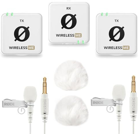 Rode Wireless ME - Sistema radio doppio microfono bianco + 2 x Lavalier GO bianco + 2 x paravento in pelliccia Keepdrum bianco