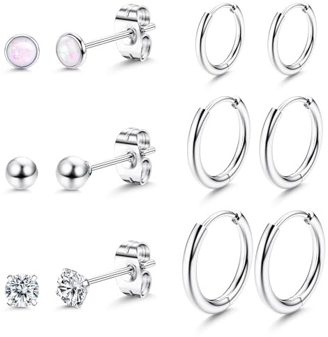 Dochais 6 Paar Edelstahl Ohrringe Damen Silber Set Ohrringe Silber Creolen Set Ohrstecker Klein Creolen 8mm 10mm 12mm Hypoallergene Ohrstecker Zirkonia Ball Schlafen Knorpel Piercing für Damen Herren
