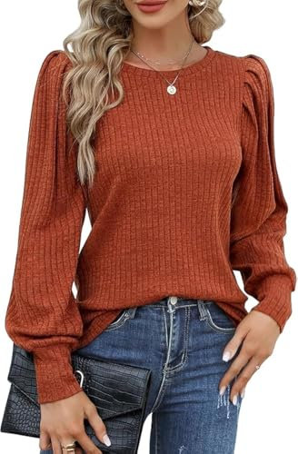 HOTOUCH Women's Long Sleeve Tops Elegant Puff Sleeves Jumper Lightweight Round Neck Sweatshirts Caramel S
