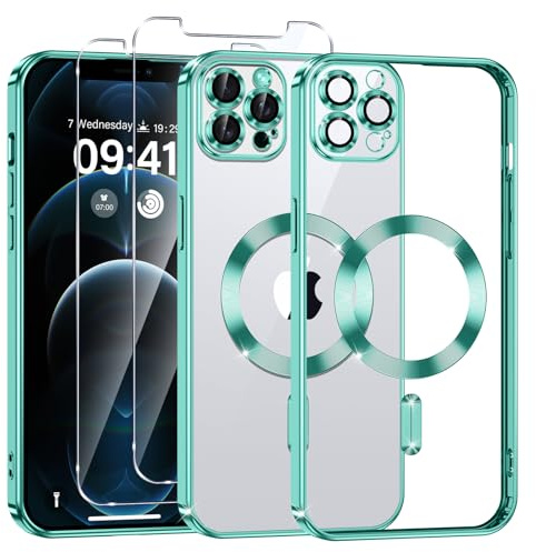 Phoona Cover Placcatura per iPhone 12 Pro Max 6,7 Pollici, Obiettivo per Fotocamera Protezione Completa e 2 × vetro temperato, Compatibile con MagSafe Ricarica Wireless, Protezione Militare, Verde