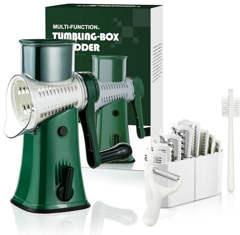 AdrreyuFny Käsereibe mit Kurbel, Trommelreibe mit 5 Austauschbaren Abnehmbare Klinge Gemüsereibe Kitchenaid Gemüseschneider für Gemüse, Obst usw - Grün
