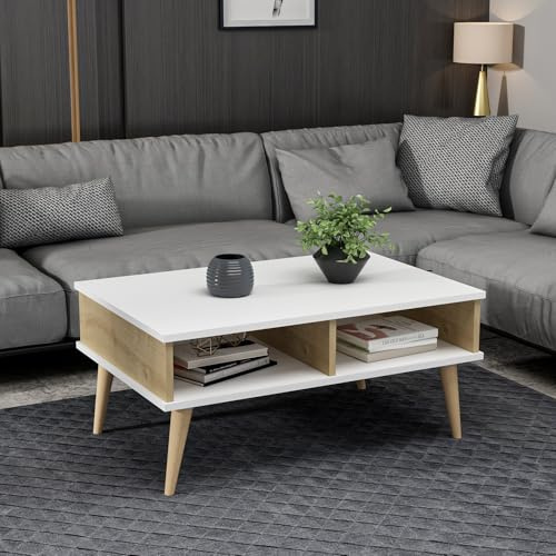 Hanah Home Stylish Coffee Table, White & Sapphire Oak, 90 x 60 x 41 cm, 100% Melamine Coated Particle Board, Modern Design for Living Room and Office