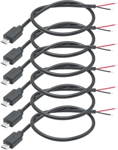 Greluma 6 Pcs Câble d'extension à 2 fils micro USB mâle de 30 cm, 12 V 3 A, 2 broches, micro USB, fil nu, extrémité ouverte