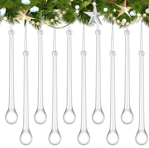 Ninehaoou Glas-Eiszapfen, Weihnachtsschmuck, 9,5 x 2,9 cm, extra lang, transparent, Tropfenform, Weihnachts-Kronleuchter, Dekoration, Kristall, hängende Ornamente, Glas-Regentropfen für