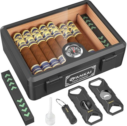 FANKAI Humidificador de puros, caja de cigarros con tapa de cristal completo con humidificador e higrómetro, caja de cigarros a prueba de caídas a prueba de aplastamientos, caja de almacenamiento con