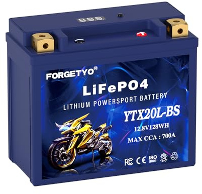 Forgetyo YTX20L-BS LiFePO4 Motorcycle Battery,12.8V 128WH 700A MACC 3000+ Deep Cycles LiFePO4 Lithium Battery with BMS Perfect for RV Solar Power Marine Trolling Motor and Off-Grid Applications