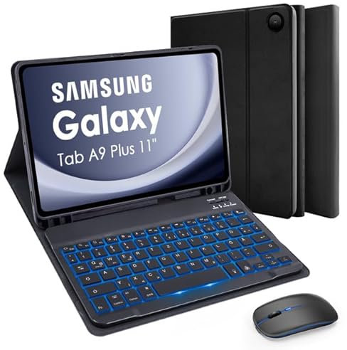 SOPPY Tastaturhülle mit Maus für Samsung Galaxy Tab A9 Plus 11'' 2023, Hülle mit Tastatur & Maus Schutzhülle für Tab A9 Plus/A9+ 11'' 2023 (SM-X210/X216/X218)- Deutsches QWERTZ, Schwarz Beleuchtet