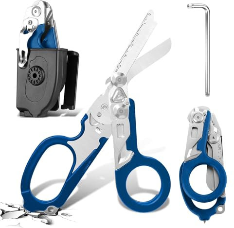 Rettungsschere Trauma Schere 6 in 1 Faltbar Trauma Schere Notfallschere Verbandsschere Mit K-Schutzhülle, Schraubenschlüssel für Professionelle Rettungsdienste, Outdoor Camping (Blau)