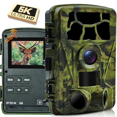 5K Trail Camera, WIFI 60MP Camera, 64GB SD Card, APP Control, Night Vision for Outdoor, Monitoring Game Cameras for Wildlife, Motion Activated 0.2s, IP66 Waterproof, 120°Wide Angle, H.264 MP4 Video