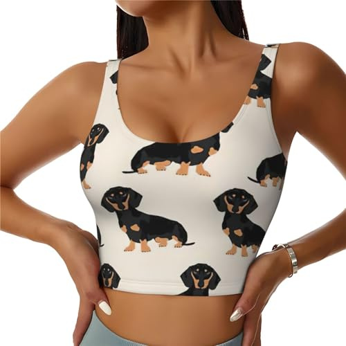 Damen-Sportweste mit Dackel-Motiv, leichtes und atmungsaktives Tanktop zum Laufen, Wandern und Yoga, Schwarz , S