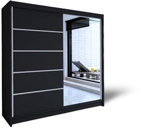 ELUKS - DELIN Sliding Doors Wardrobe with Mirror Furniture for Bedroom Living Room and Hall Wardrobe Organizer Width 100cm/120cm/150cm/180cm/200cm/WHITE/BLACK/OAK (Black, 180cm)