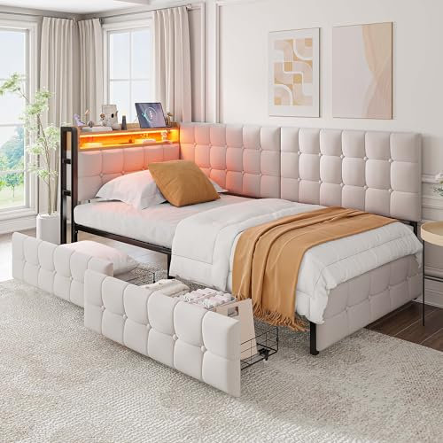 EINHOM Schlafsofa Tagesbett 90x200 cm, Polsterbett mit 2 Schubladen, Kinderbett mit LED-Nachttischlampe, USB- und-Typ-C-Anschluss, Multifunktionales Einzelbett, Ohne Matratze (Beige)