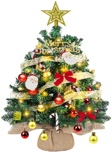 Mini Christmas Tree with Lighting LED 60cm/24 Tabletop Xmas Tree Battery Operated Lighting Artificial Desktop Ornaments T-ree with Berries, Pine Cones & Bows for Home,Kitchen,Office,Bar Decor