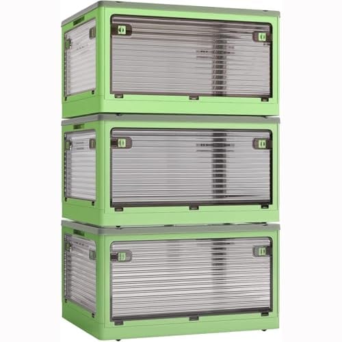 Roqao 3 Pack Aufbewahrungsboxen mit Deckel 84L Kunststoffboxen mit Rollen | Zusammenklappbare Kisten Aufbewahrung Transparent Storage Boxes mit Fünf Türen Stapelkisten Lagerboxen Grün (60×42×100cm)
