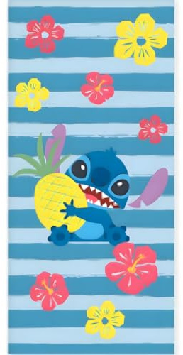 Disney Stitch Strand- und Badetuch 70 x 140 cm, 100% Baumwolle | Weiches und saugfähiges Bade- und Schwimmtuch für Kinder | Lustiges Hawaii-Design Stitch in Blau | Ideal für Strand, Bad und Pool